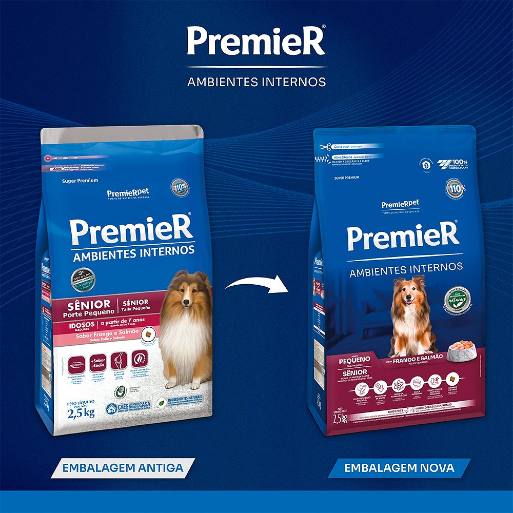 Ração Premier Ambientes Internos para Cães Adultos Sênior Raças Pequenas sabor Frango & Salmão