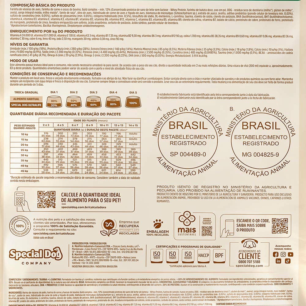 Ração Special Dog Ultralife Performance para Cães Filhotes de Médio e Grande Porte Sabor Carne e Frango