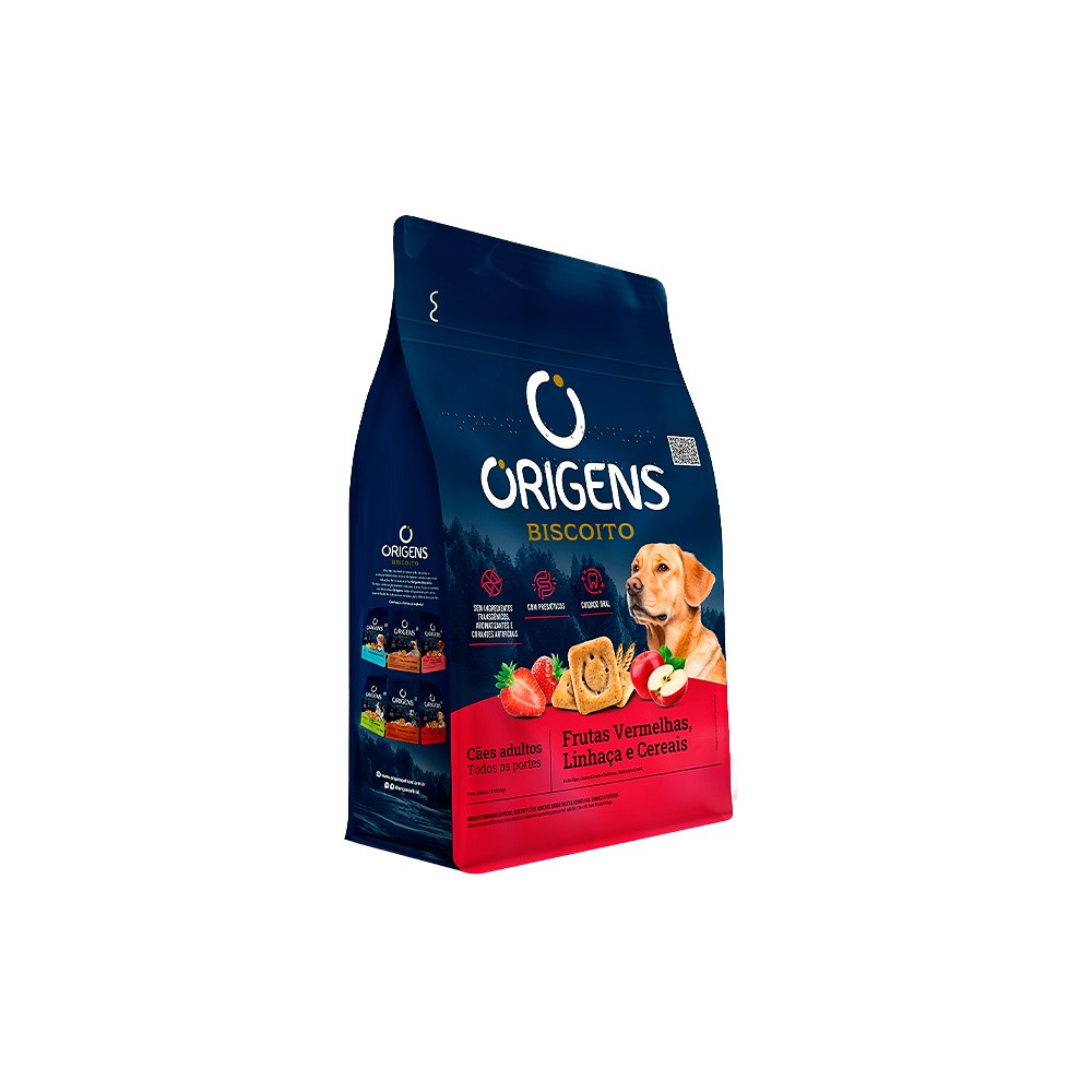 Biscoito Origens para Cães Adultos de Porte Médio e Grande Sabor Frutas Vermelhas, Linhaça e Cereais