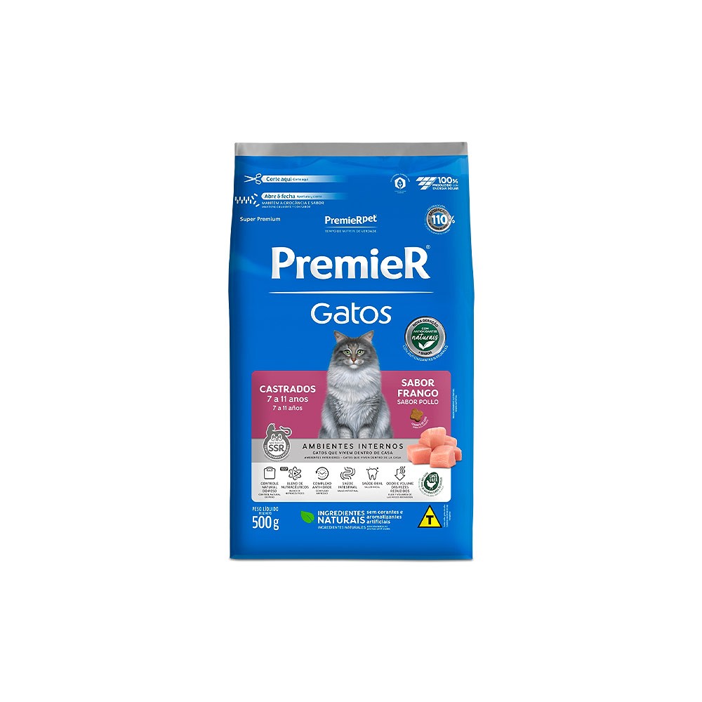 Ração Premier Ambientes Internos para Gatos Adultos Castrados de 7