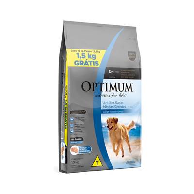 Ração Optimum para Cães Adultos de Raças Médias e Grandes 1+ anos Frango e Arroz Leve 15kg Pague 13,5kg
