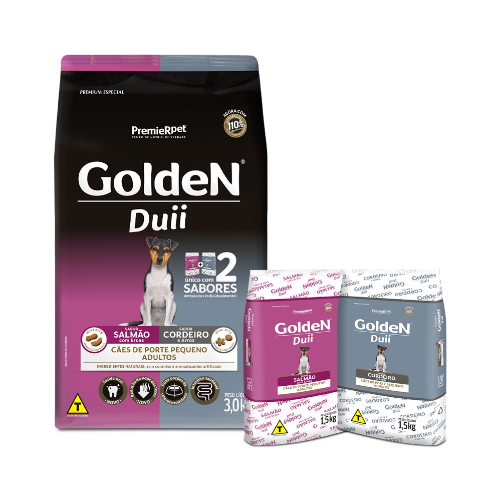 Ração Golden Duii Mini Bits para Cães Adultos sabor Salmão e Cordeiro
