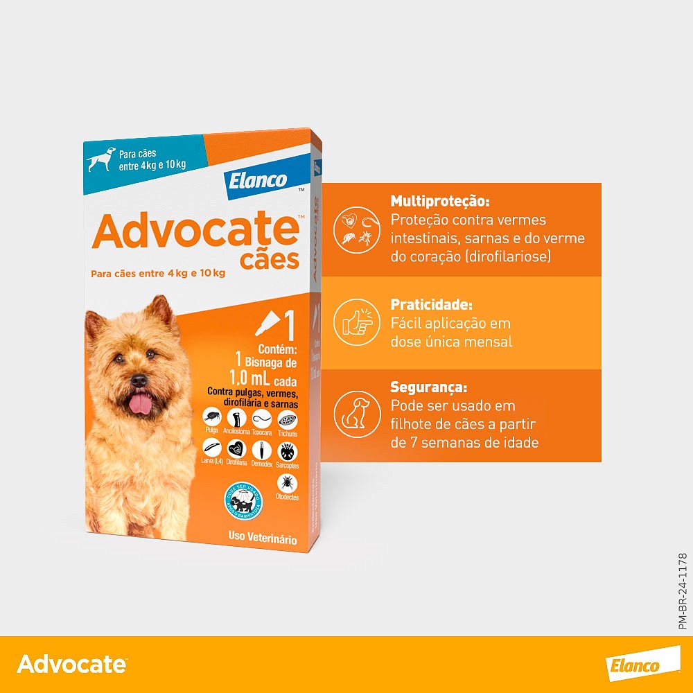 Antipulgas e Endectocida Advocate 1,0ml para Cães entre 4kg e 10kg