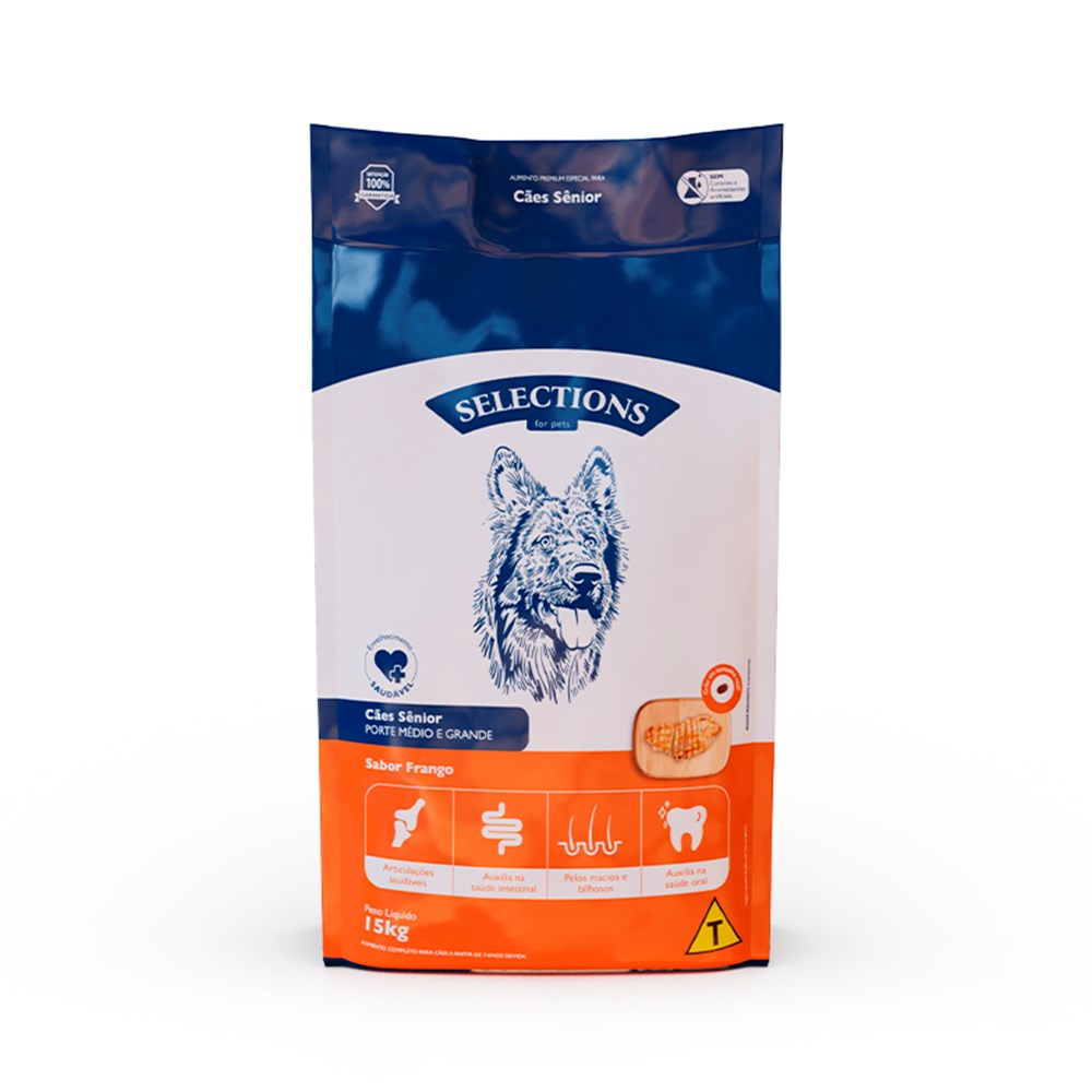 Ração Selections For Pet para Cães Sênior de Porte Médio e Grande Sabor Frango