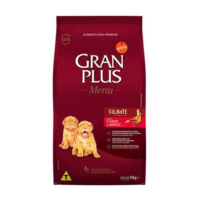 Ração GranPlus Menu para Cães Filhotes de Raças Médias e Grandes Sabor Carne e Arroz 15kg