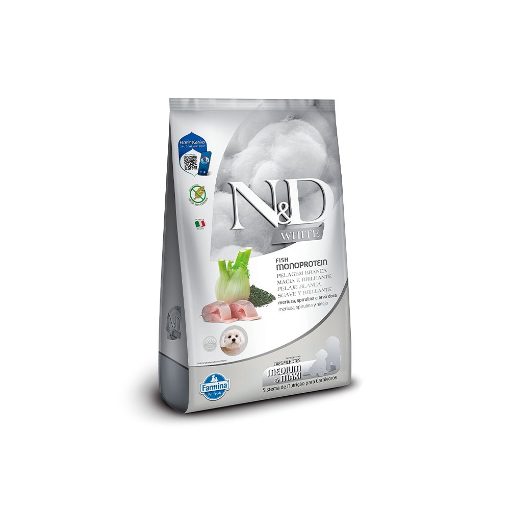 N&D White para Cães Filhotes de Raças Médias e Grandes Sabor Merluza, Spirulina e Erva Doce