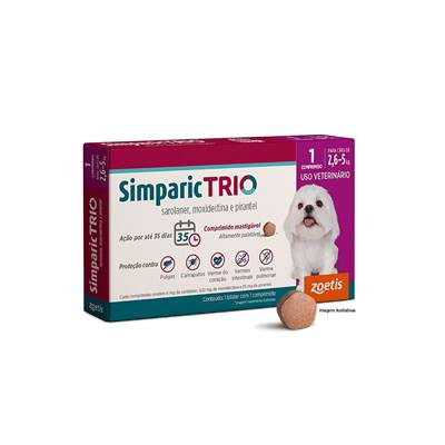 Antipulgas e Carrapatos Simparic TRIO 6mg para Cães com 2,6kg a 5kg 3 comprimidos