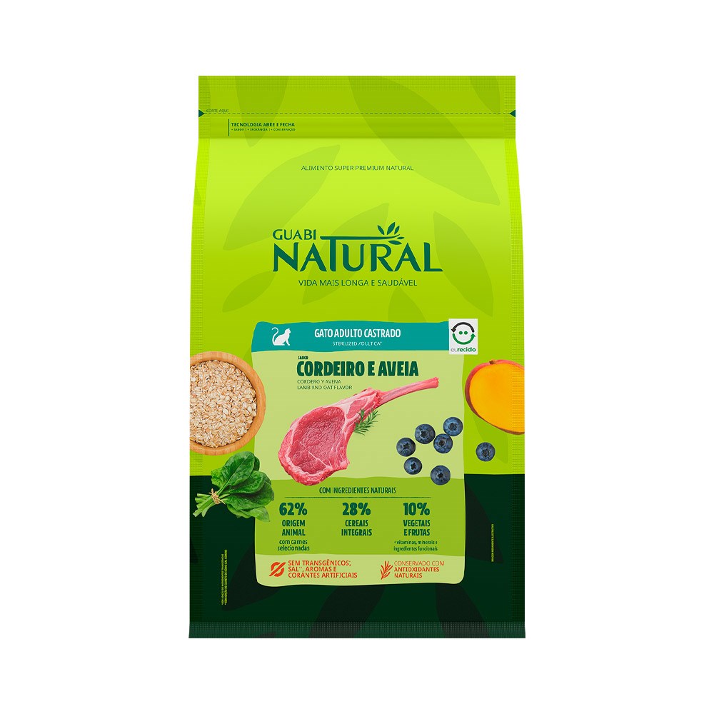 Ração Guabi Natural para Gatos Castrados sabor Cordeiro e Aveia