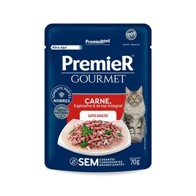 Ração Premier Gourmet para Gatos Adultos sabor Carne, Espinafre e Arroz Integral 70g