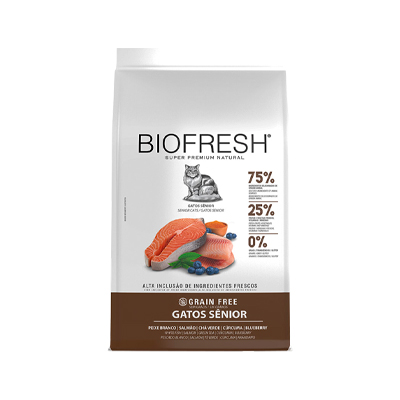 Ração Biofresh para Gatos Sênior sabor Peixe Branco, Salmão, Chá Verde, Cúrcuma e Blueberry 7,5kg