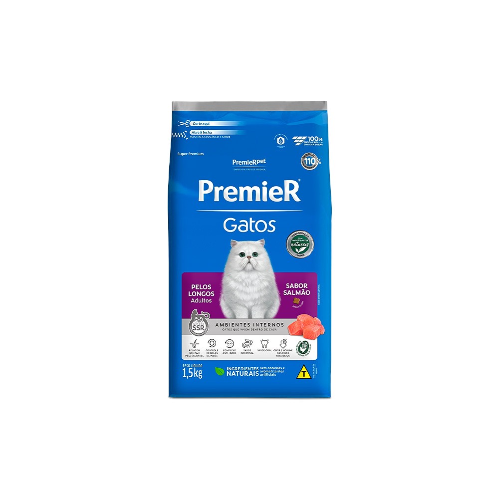 Ração Premier Ambientes Internos Pelos Longos para Gatos Adultos sabor Salmão