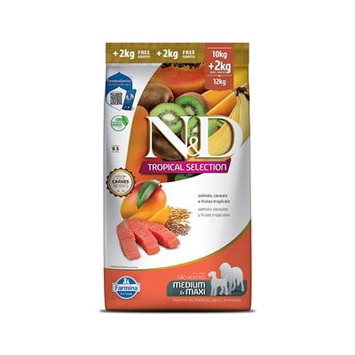 Ração Farmina N&D Tropical Selection para Cães Adultos de Porte Médio e Grande Sabor Salmão, Cereais e Frutas Tropicais 2kg + 500g