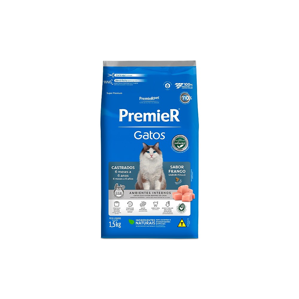 Ração Premier Ambientes Internos para Gatos Adultos Castrados sabor Frango 