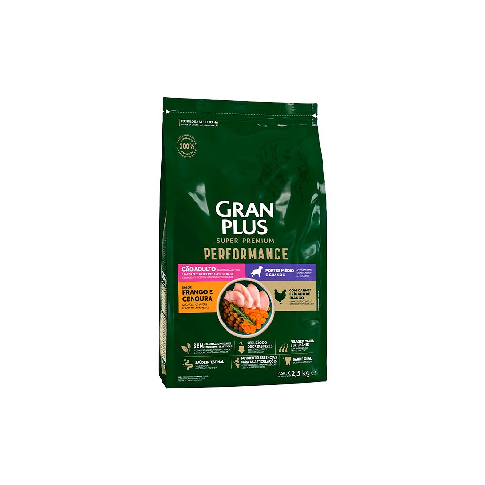 Ração GranPlus Performance para Cão Adulto de Porte Médio e Grande Sabor Frango e Cenoura