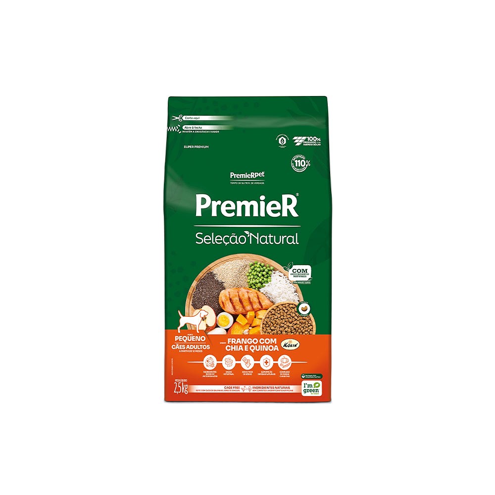 Ração Premier Seleção Natural para Cães Adultos Raças Pequenas sabor Frango, Chia & Quinoa