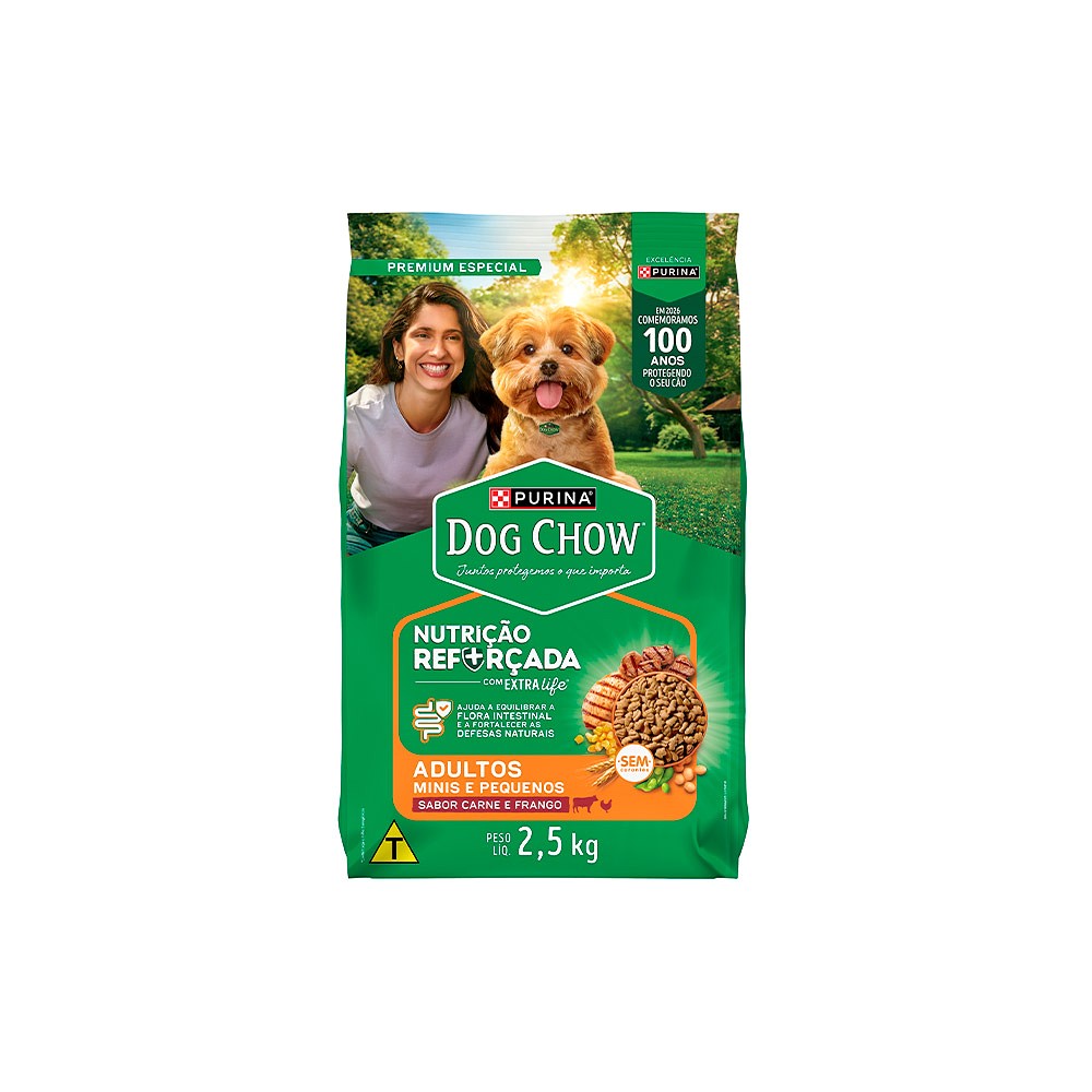 Ração Dog Chow Nutrição Reforçada para Cães Adultos de Porte Mini e Pequeno sabor Carne, Frango e Arroz