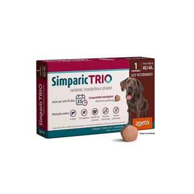 Antipulgas e Carrapatos Simparic TRIO 72mg para Cães com 40,1kg a 60kg 1 comprimido
