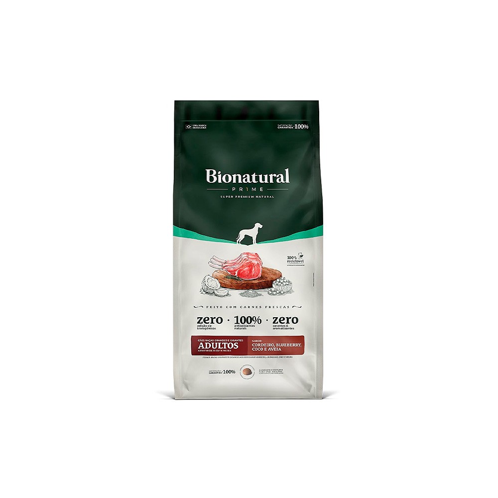 Ração Bionatural Prime para Cães Adultos de Raças Grandes e Gigantes Sabor Cordeiro, Blueberry, Coco e Aveia