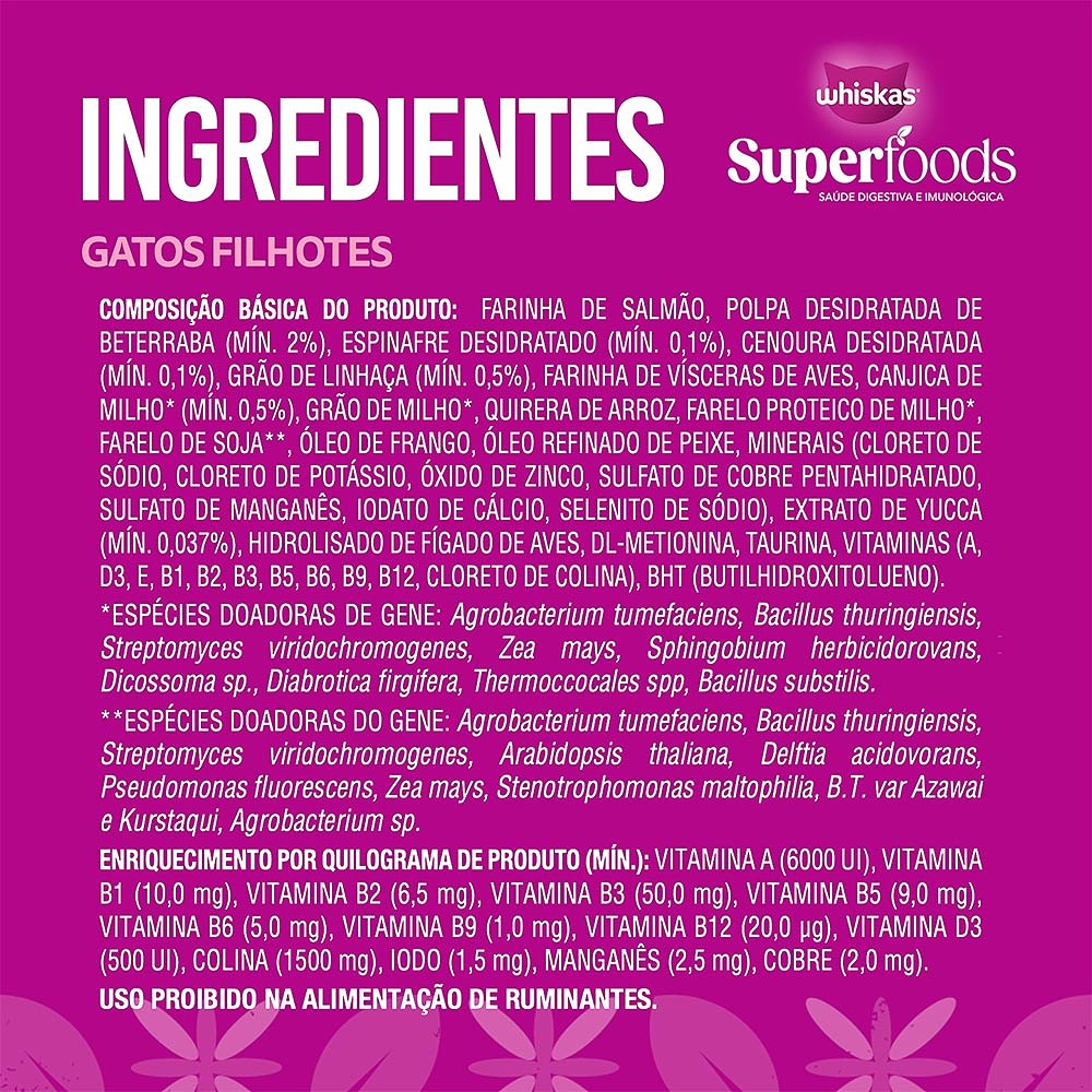 Ração Whiskas Superfoods para Gatos Filhotes sabor Salmão e Linhaça