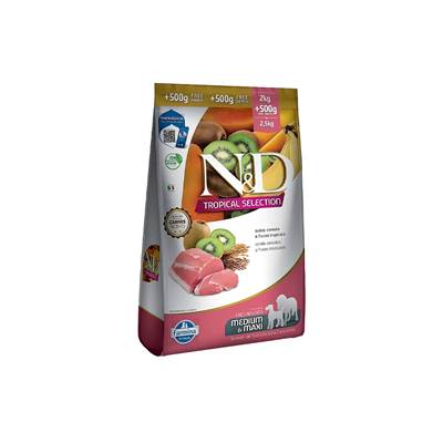 Ração Farmina N&D Tropical Selection para Cães Adultos de Porte Médio e Grande sabor Suíno, Cereais e Frutas Tropicais 2kg + 500g
