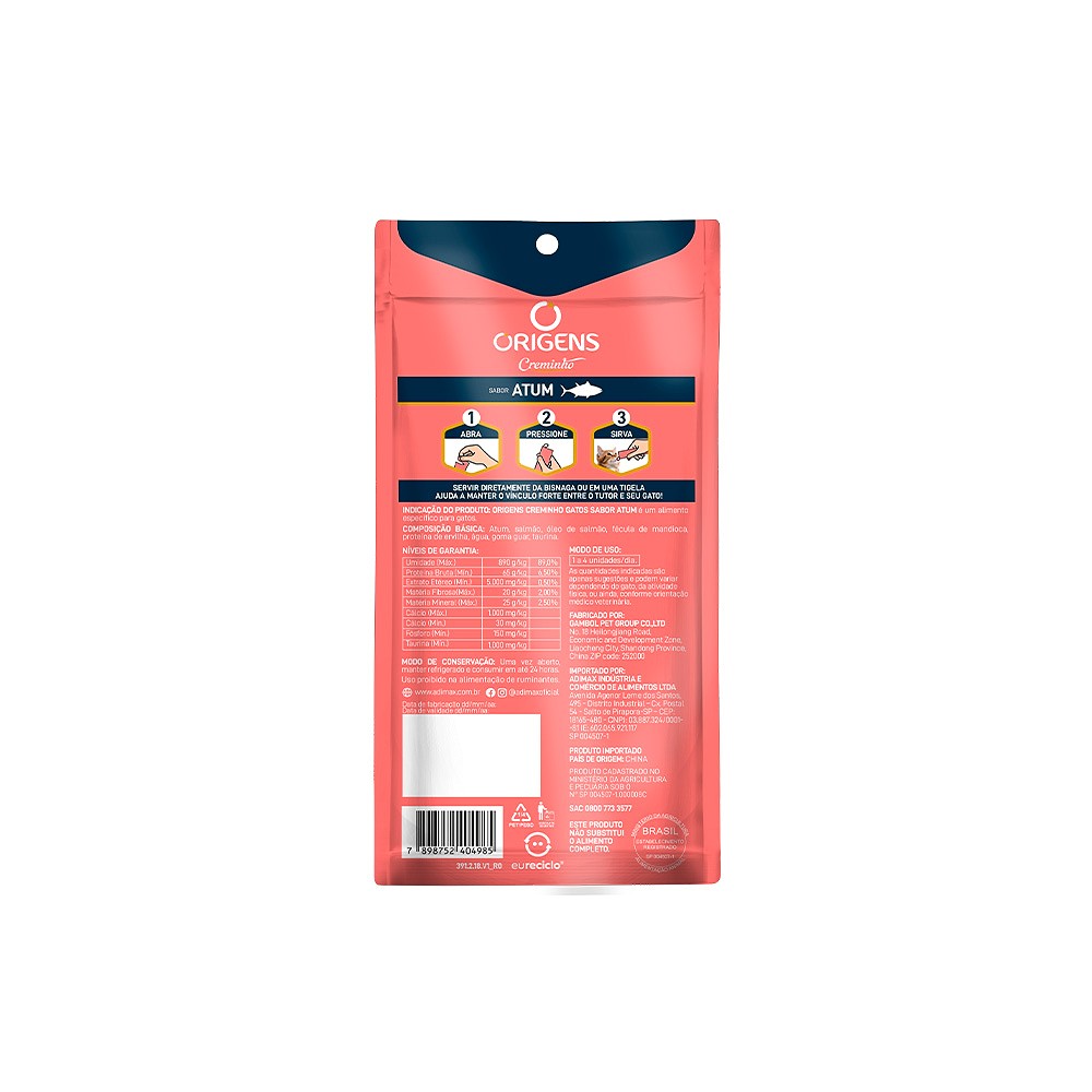 Snack Origens Creminho Sabor Atum para Gatos