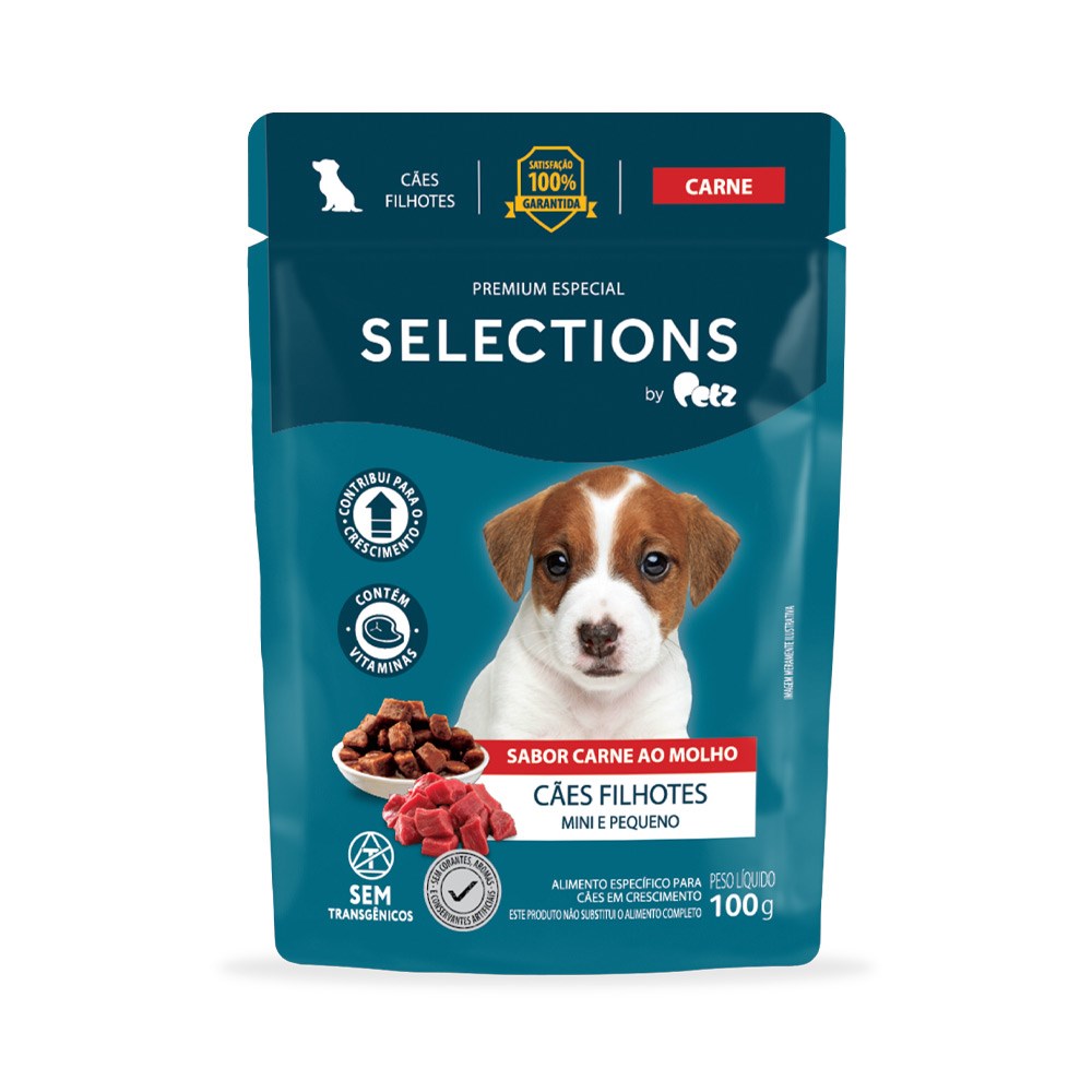 Ração Úmida Selections para Cães Filhotes de Porte Mini e Pequeno Sabor Carne ao Molho