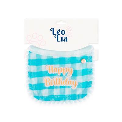 Babador Leo e Lia Happy Birthday Xadrez Azul para Cães e Gatos P