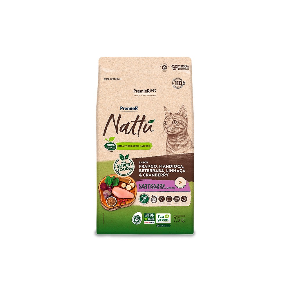 Ração Premier Nattu para Gatos Castrados sabor Frango, Mandioca, Beterraba, Linhaça e Cranberry