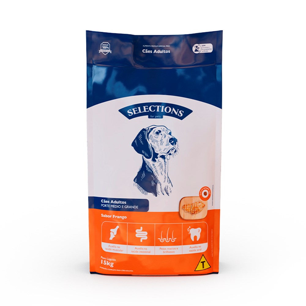 Ração Selections For Pet para Cães Adultos Medios e Grandes sabor Frango