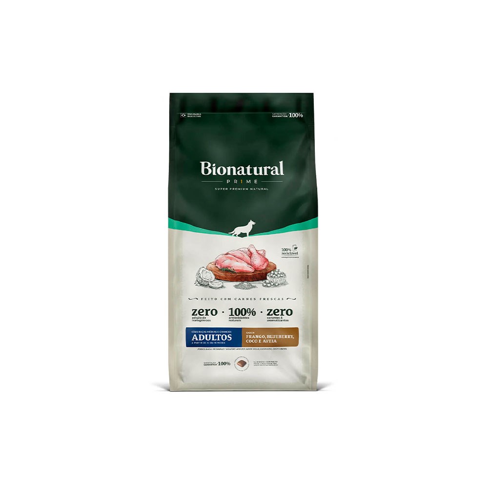 Ração Bionatural Prime para Cães Adultos de Raças Médias e Grandes Sabor Frango, Blueberry, Coco e Aveia