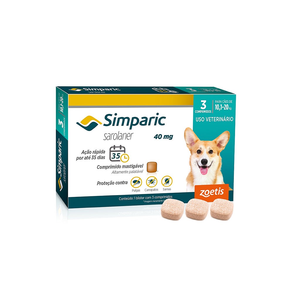 Antipulgas e Carrapatos Simparic 40 mg para Cães de 10,1kg - 20kg 