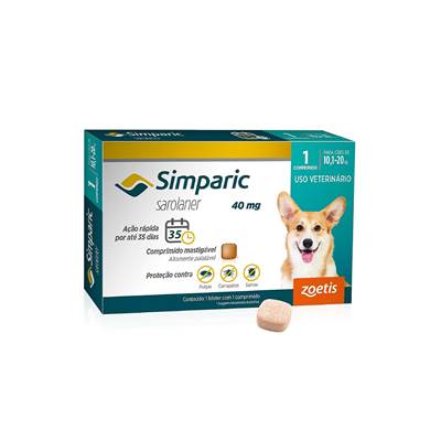 Antipulgas e Carrapatos Simparic 40 mg para Cães de 10,1kg - 20kg 1 comprimido