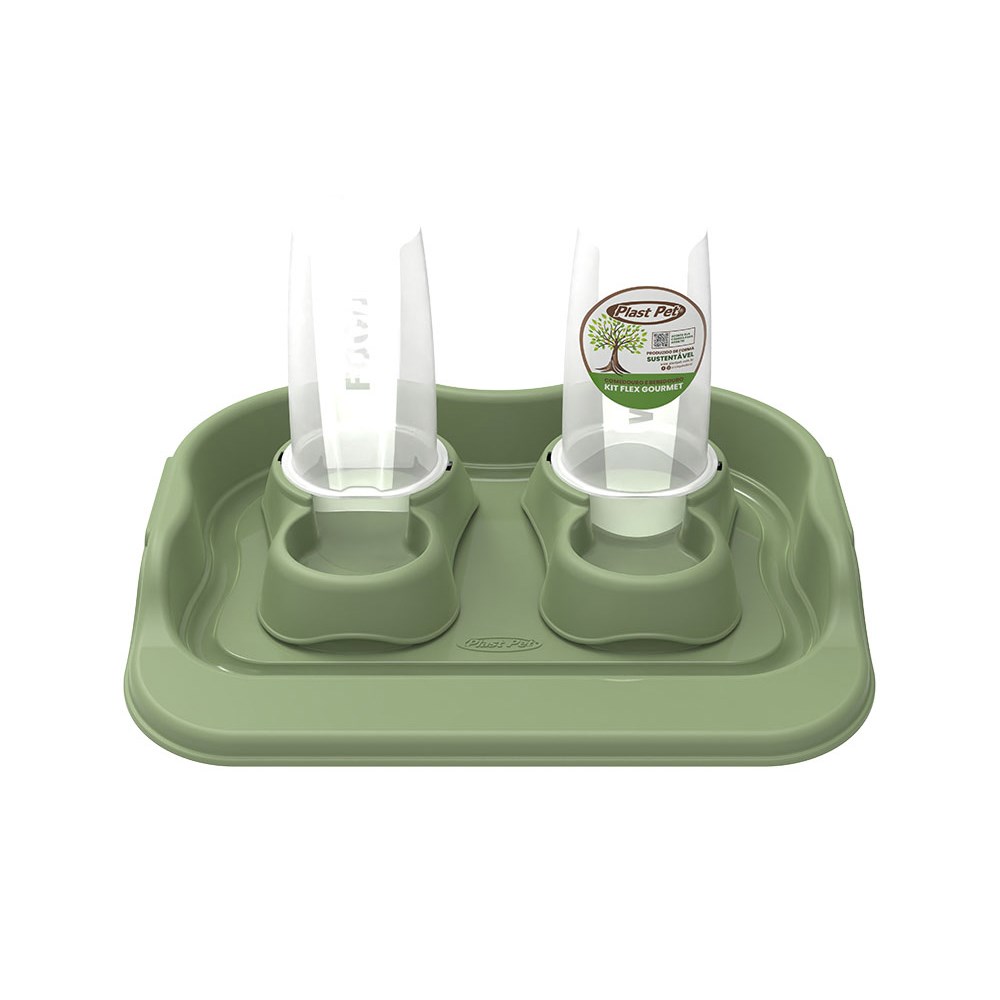 Comedouro Plast Pet Kit Flex Gourmet Eco Verde Oliva para Cães e Gatos