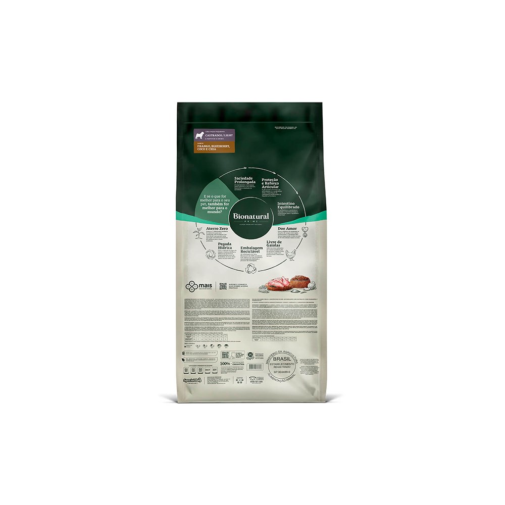 Ração Bionatural Prime para Cães Castrados de Raças Pequenas Sabor Frango, Blueberry, Coco e Chia