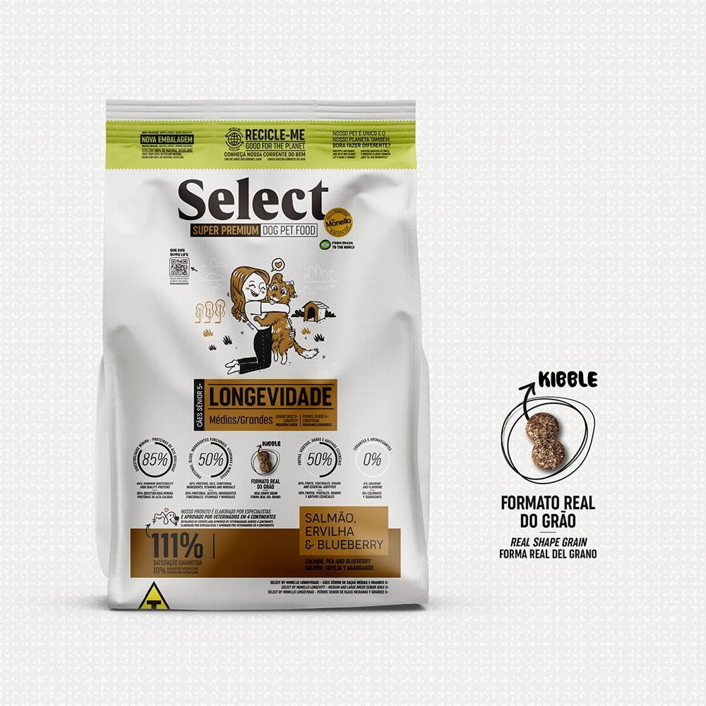 Ração Monello Select Longevidade para Cães Senior 5+ de Porte Médio e Grande sabor Salmão, Ervilha e Blueberry