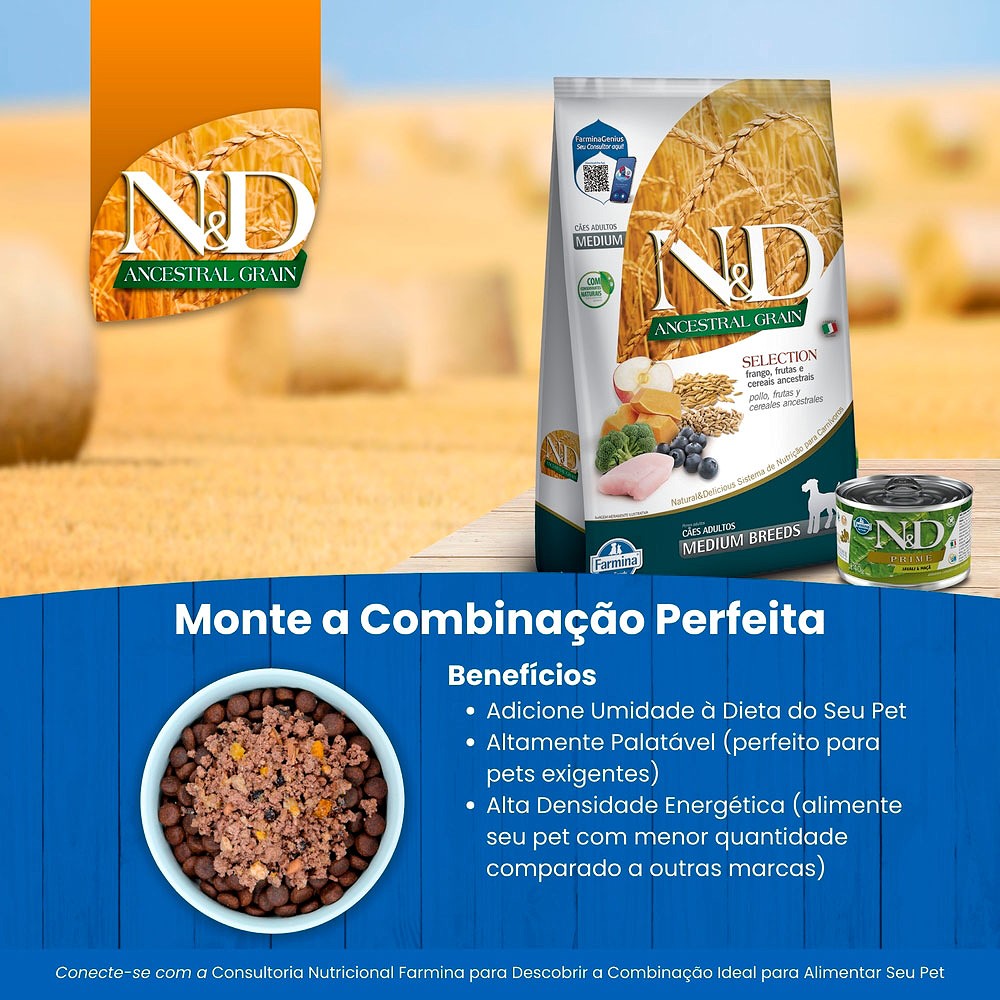 Ração N&D Ancestral para Cães Adultos de Raças Médias sabor Frango