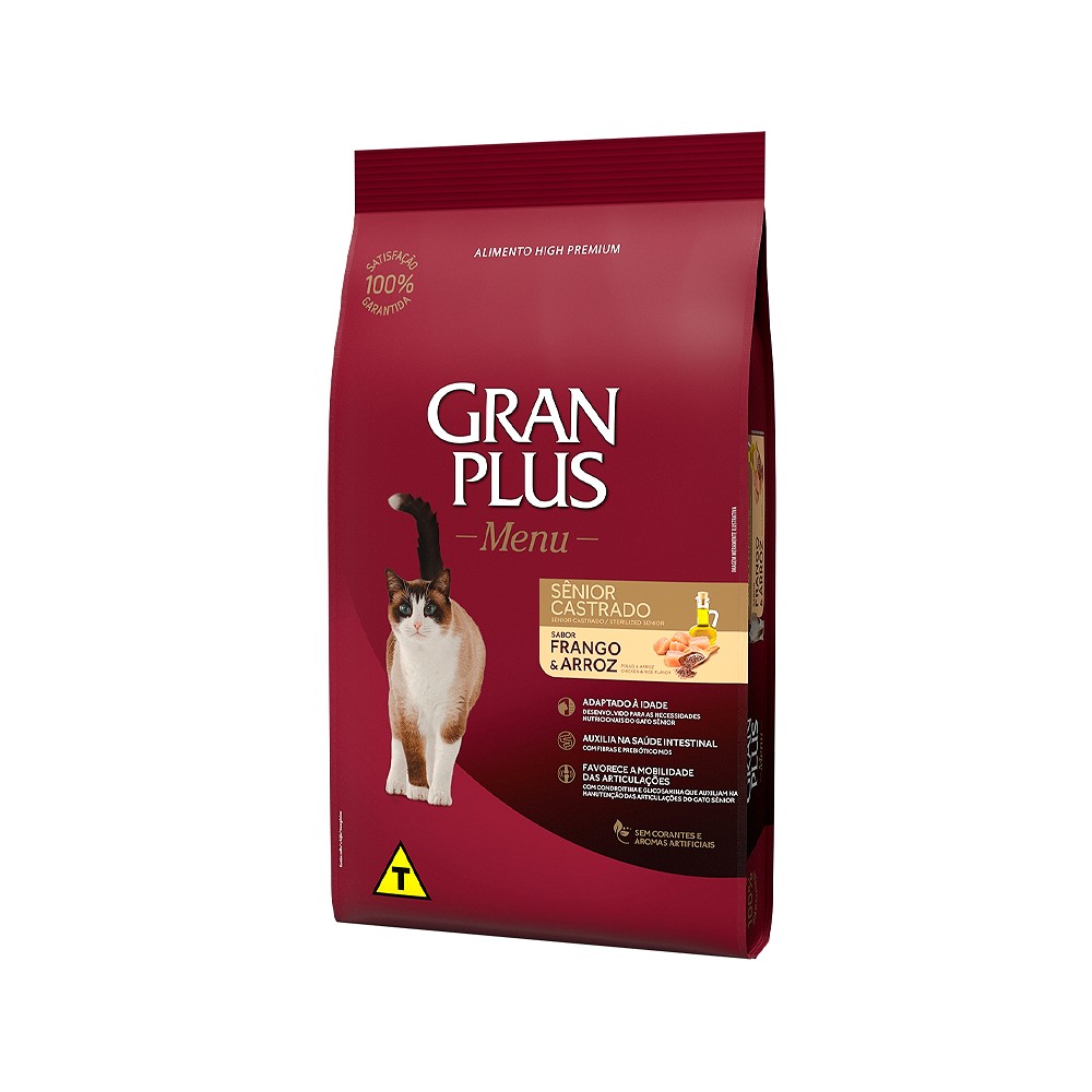 Ração Granplus Menu para Gatos Sênior Castrados sabor Frango e Arroz