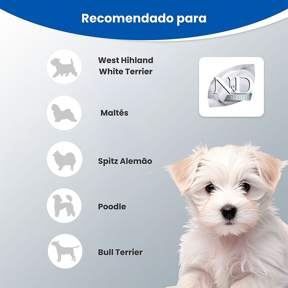 Ração N&D White para Cães Filhotes de Raças Mini e Pequenas Sabor Merluza, Spirulina e Erva Doce