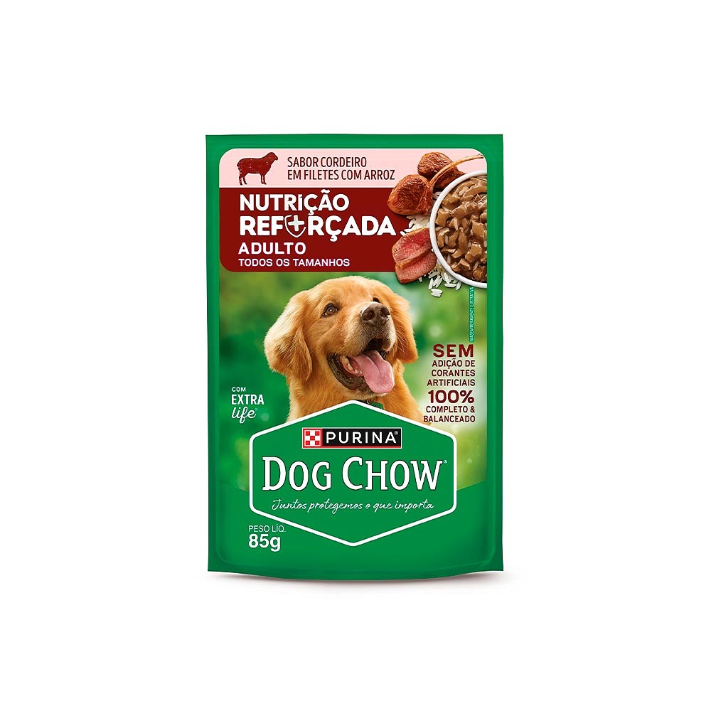 Ração Úmida Dog Chow Nutrição Reforçada para Cães Adultos Sabor Cordeiro em Filetes com Arroz