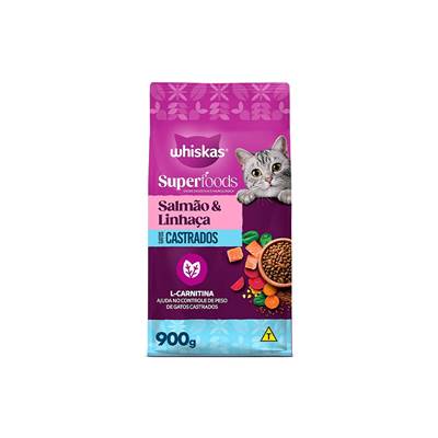 Ração Whiskas Superfoods para Gatos Adultos Castrados sabor Salmão e Linhaça