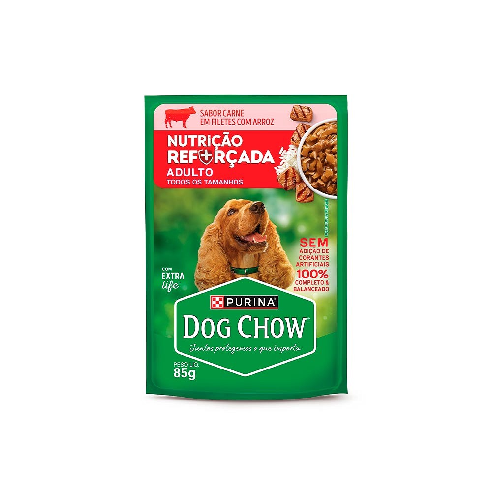 Ração Úmida Dog Chow Nutrição Reforçada para Cães Adultos sabor Carne em Filetes com Arroz