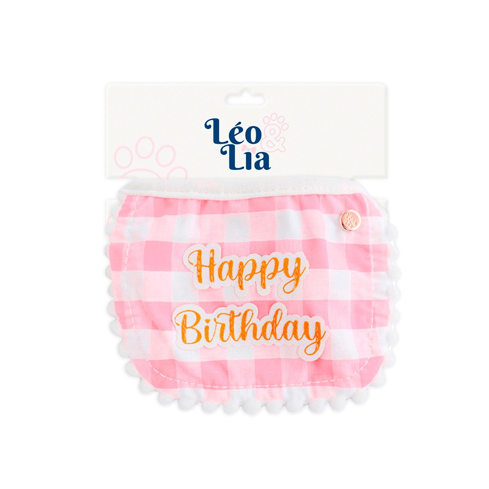 Babador Leo e Lia Happy Birthday Xadrez Rosa para Cães e Gatos