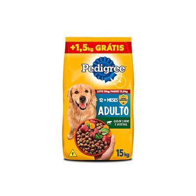 Ração Pedigree Carne e Vegetais Cães Adultos Raças Médias e Grandes Leve 15kg Pague 13,5 kg