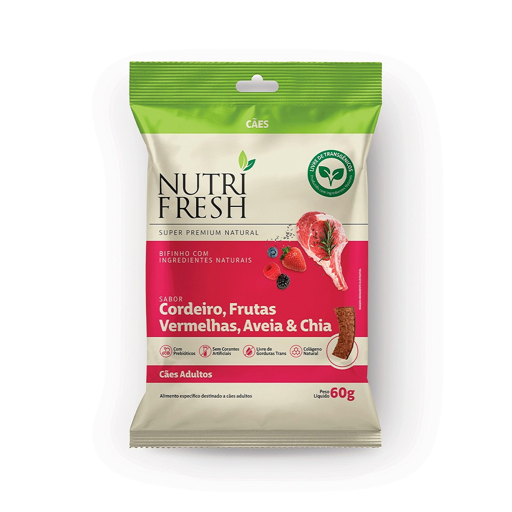 Bifinho Nutrifresh Natural Sabor Cordeiro, Frutas Vermelhas, Aveia e Chia para Cães Adultos