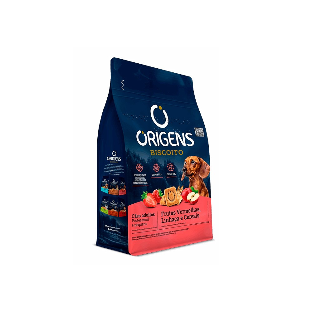 Biscoito Origens para Cães Adultos de Porte Mini e Pequeno Sabor Frutas Vermelhas, Linhaça e Cereais