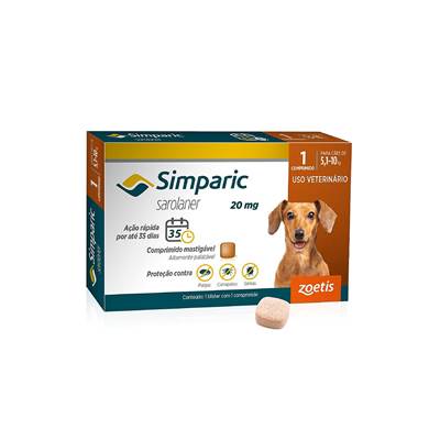 Antipulgas e Carrapatos Simparic 20 mg para Cães de 5,1kg - 10kg 1 comprimido