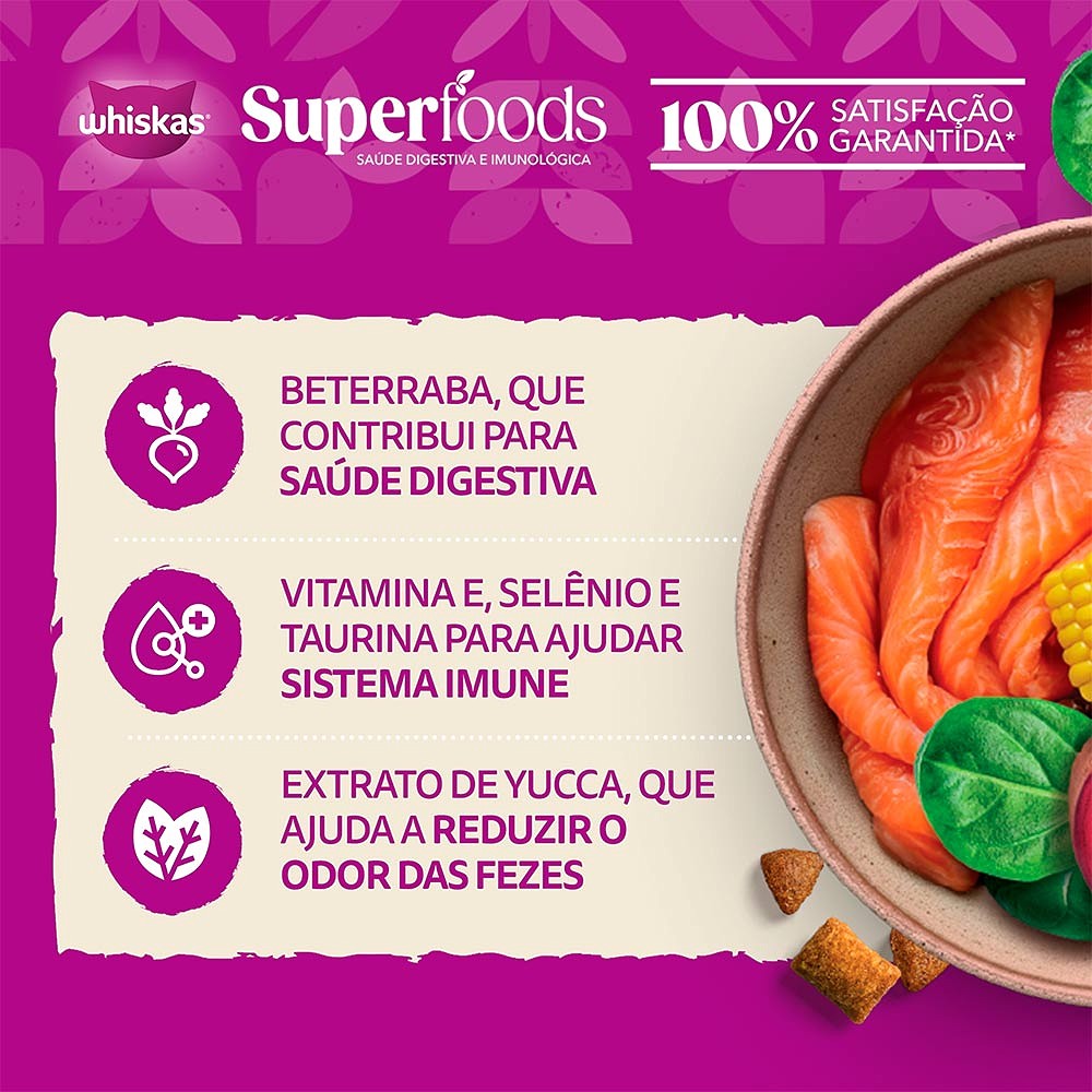 Ração Whiskas Superfoods para Gatos Adultos sabor Salmão e Linhaça