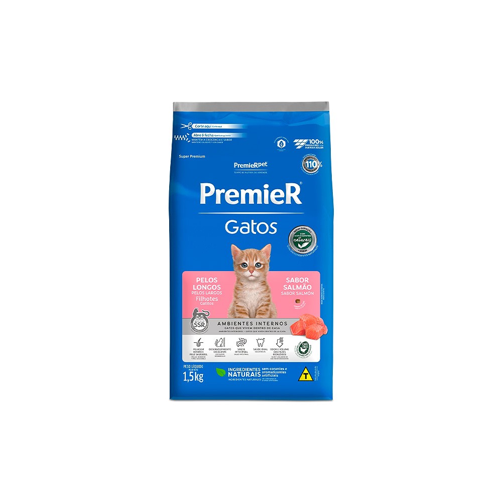 Ração Premier Ambientes Internos Pelos Longos para Gatos Filhotes sabor Salmão