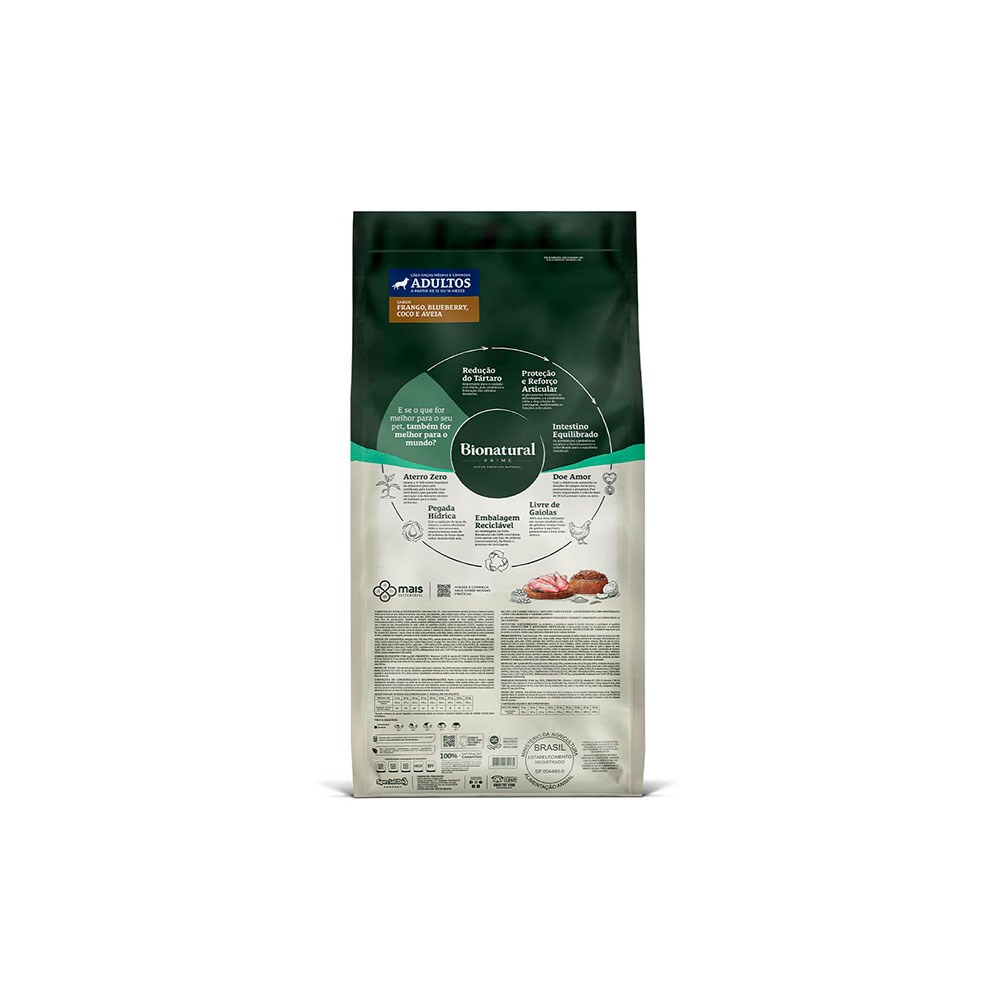 Ração Bionatural Prime para Cães Adultos de Raças Médias e Grandes Sabor Frango, Blueberry, Coco e Aveia