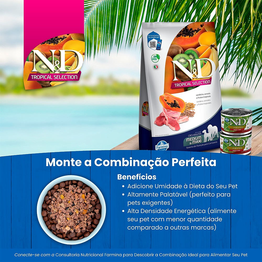 Ração Farmina N&D Tropical Selection para Cães Adultos de Porte Médio e Grande Sabor Cordeiro, Cereais e Frutas Tropicais